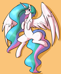 Size: 898x1080 | Tagged: safe, artist:whatsapokemon, edit, princess celestia, alicorn, pony, g4, chest fluff, explicit source, featureless crotch, female, from above, on back, orange background, simple background, solo, spread legs, spread wings, spreading, wings