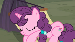 Size: 1920x1080 | Tagged: safe, screencap, sugar belle, pony, g4, hard to say anything, cute, eyes closed, female, hammock, mare, sleeping, solo, sugarbetes