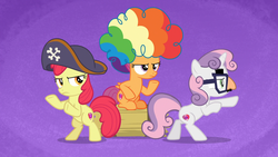 Size: 1920x1080 | Tagged: safe, screencap, apple bloom, scootaloo, sweetie belle, earth pony, pony, g4, hard to say anything, agent rainbow head, charlie's angels, clown wig, cute, cutie mark crusaders, disguise, dressup, groucho mask, hat, pirate hat, pose as a team, shimmering spectacles, spyrate