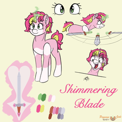Size: 2000x2000 | Tagged: safe, artist:floofyfoxcomics, oc, oc only, oc:shimmering blade, pony, spider, unicorn, arachnophobia, female, high res, magic, mare, reference sheet, scared, simple background, solo, sword, weapon, yellow background