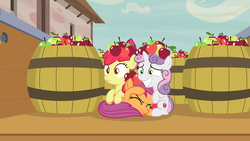 Size: 1920x1080 | Tagged: safe, screencap, apple bloom, scootaloo, sweetie belle, earth pony, pegasus, pony, unicorn, g4, hard to say anything, behaving like apples, cute, cutie mark crusaders, eyes closed, female, frown, grin, hiding, mare, nervous, prone, sitting, smiling, squee, wide eyes