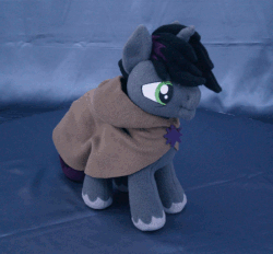 Size: 700x650 | Tagged: safe, artist:adamar44, shadow lock, pony, unicorn, g4, spoiler:comic, animated, cloak, clothes, gif, irl, male, perfect loop, photo, plushie, rotating, solo, stallion, stop motion