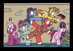 Size: 2458x1745 | Tagged: safe, artist:bobthedalek, big macintosh, cheerilee, feather bangs, glamor trot, smooth vibes, sugar belle, earth pony, pony, unicorn, g4, hard to say anything, battle for sugar belle, implied cheerimac, implied shipping, implied straight, inconvenient, jealous, kicking, sabotage, sugar belle gets all the stallions, whistling