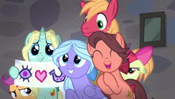 Size: 1920x1080 | Tagged: safe, screencap, big macintosh, dear darling, fond feather, scootaloo, swoon song, earth pony, pony, g4, hard to say anything, battle for sugar belle, bimbettes, fangirl, male, rebus, stallion