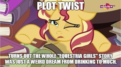 Size: 712x397 | Tagged: safe, edit, edited screencap, screencap, sunset shimmer, pony, unicorn, equestria girls, equestria girls specials, g4, mirror magic, book, female, hangover, implied drinking, mare, misspelling, one eye closed, plot twist, solo