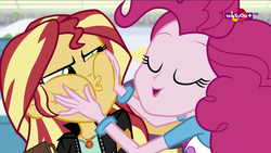 Size: 1920x1080 | Tagged: safe, screencap, pinkie pie, sunset shimmer, equestria girls, equestria girls specials, g4, my little pony equestria girls: mirror magic, bracelet, eyes closed, faic, geode of empathy, geode of sugar bombs, jewelry, magical geodes, necklace, pendant, squishy cheeks, teletoon