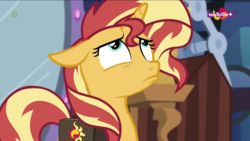 Size: 1600x900 | Tagged: safe, screencap, sunset shimmer, pony, unicorn, equestria girls, equestria girls specials, g4, mirror magic, female, floppy ears, horn, looking up, mare, pouting, solo