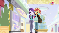 Size: 1600x900 | Tagged: safe, screencap, starlight glimmer, sunset shimmer, equestria girls, equestria girls specials, g4, my little pony equestria girls: mirror magic, bag, beanie, bedroom eyes, boots, clothes, duo, female, food, geode of empathy, hat, ice cream, jacket, leather jacket, lidded eyes, magical geodes, ripped pants, shoes, skirt, vest, walking