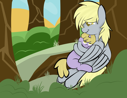 Size: 3300x2550 | Tagged: safe, artist:skyflys, derpy hooves, dinky hooves, pony, g4, cute, equestria's best daughter, equestria's best mother, female, forest, headcanon, high res, like mother like daughter, like parent like child, mother, mother and daughter, snuggling