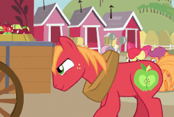 Size: 757x508 | Tagged: safe, screencap, apple bloom, big macintosh, scootaloo, sweetie belle, earth pony, pegasus, pony, unicorn, g4, hard to say anything, animated, apple, blushing, cart, cutie mark crusaders, embarrassed, female, filly, foal, food, gif, group, male, quartet, stallion