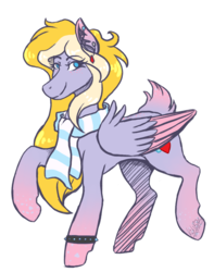 Size: 1105x1399 | Tagged: safe, artist:monnarcha, oc, oc only, oc:cloud heartshine, pegasus, pony, clothes, colored wings, colored wingtips, female, gradient hooves, hoers, mare, multicolored wings, raised hoof, scarf, simple background, solo, spiked wristband, transparent background, wristband