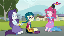 Size: 1920x1080 | Tagged: safe, screencap, juniper montage, pinkie pie, rarity, equestria girls, equestria girls specials, g4, my little pony equestria girls: mirror magic, boots, braiding, clothes, crossed legs, cute, geode of shielding, geode of sugar bombs, glasses, hat, high heel boots, lidded eyes, magical geodes, necklace, pigtails, shoes, skirt, socks, teletoon