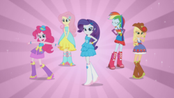 Size: 1920x1080 | Tagged: safe, artist:frostmay251, applejack, fluttershy, pinkie pie, rainbow dash, rarity, equestria girls, g4, my little pony equestria girls, boots, bracelet, clothes, cowboy boots, cowboy hat, cute, dress, eyes closed, fall formal outfits, female, hat, high heel boots, humane five, jewelry, looking at you, raised leg, scarf, skirt, sparkles, this is our big night, top hat