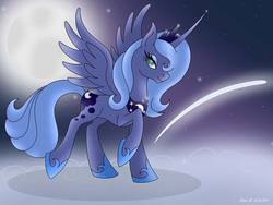 Size: 960x721 | Tagged: safe, artist:lavenderrain24, princess luna, alicorn, pony, g4, cloud, female, moon, night, raised hoof, s1 luna, smiling, solo, spread wings, stars, wings