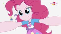 Size: 576x324 | Tagged: safe, screencap, applejack, pinkie pie, rarity, sci-twi, twilight sparkle, equestria girls, equestria girls specials, g4, my little pony equestria girls: mirror magic, animated, breaking the fourth wall, female, geode of shielding, geode of sugar bombs, geode of super strength, gif, magical geodes, mirror, mirror world, reversed, simple background, white background