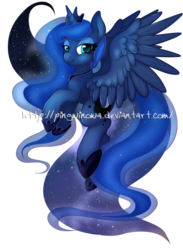 Size: 600x819 | Tagged: safe, artist:pingwinowa, princess luna, alicorn, pony, g4, female, flying, galaxy mane, looking at you, simple background, smiling, solo, spread wings, transparent background, watermark, wings