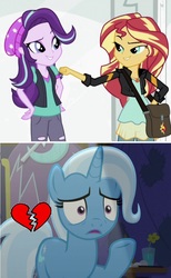 Size: 634x1028 | Tagged: safe, edit, edited screencap, screencap, starlight glimmer, sunset shimmer, trixie, pony, equestria girls, equestria girls specials, g4, mirror magic, no second prances, counterparts, female, heartbreak, lesbian, ship:shimmerglimmer, shipping, twilight's counterparts