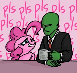 Size: 559x537 | Tagged: safe, artist:plunger, pinkie pie, oc, oc:anon, earth pony, human, pony, g4, 4chan, annoyed, begging, clothes, dialogue, drawthread, mug, necktie, pls, shirt, suit, teary eyes