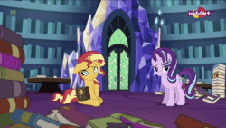 Size: 600x338 | Tagged: safe, screencap, starlight glimmer, sunset shimmer, pony, unicorn, equestria girls, equestria girls specials, g4, animated, bipedal, book, cute, female, flailing, gif, in the human world for too long, library, magic mirror, mare, shimmerbetes, twilight's castle, twilight's castle library