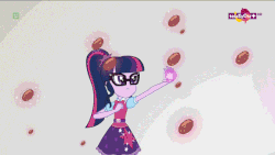 Size: 576x324 | Tagged: safe, screencap, juniper montage, pinkie pie, sci-twi, twilight sparkle, equestria girls, equestria girls specials, g4, my little pony equestria girls: mirror magic, almonds, animated, chocolate, female, food, geode of sugar bombs, geode of telekinesis, gif, magical geodes, mirror, mirror world, pac-man, pinkie being pinkie, reference, teletoon, transition