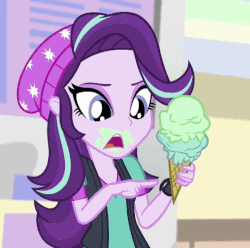 Size: 561x556 | Tagged: safe, screencap, starlight glimmer, equestria girls, equestria girls specials, g4, mirror magic, animated, beanie, clothes, confused, cropped, cute, dropped ice cream, female, food, gif, glimmerbetes, hat, ice cream, ice cream cone, solo, surprised, vest, watch, wristwatch