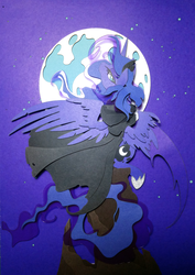 Size: 3000x4236 | Tagged: safe, artist:equestria-prevails, artist:jiuweidehuli, princess luna, pony, g4, cloak, clothes, craft, female, high res, looking back, moon, night, papercraft, sitting, solo, spread wings, stars, traditional art, wings