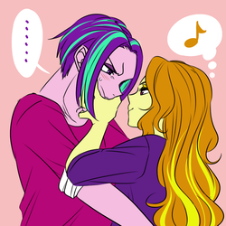 Size: 1000x1000 | Tagged: safe, artist:raika0306, adagio dazzle, aria blaze, equestria girls, g4, my little pony equestria girls: rainbow rocks, ..., alternate hairstyle, clothes, couple, cute, female, looking at each other, male, ouvertis grandioso, rule 63, ship:adaria, ship:ouverdagio, shipping, simple background, smiling, straight, straight hair