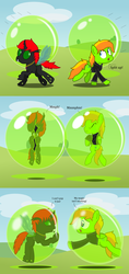 Size: 3800x8050 | Tagged: safe, artist:bladedragoon7575, oc, oc only, oc:crypto, oc:jax, changeling, absurd resolution, bondage, bubble, changeling oc, comic, encasement, green changeling, in bubble, story included, trapped, worried
