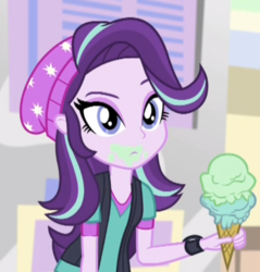 Size: 582x609 | Tagged: safe, screencap, starlight glimmer, equestria girls, equestria girls specials, g4, my little pony equestria girls: mirror magic, beanie, clothes, cropped, female, food, hat, ice cream, ice cream cone, solo, that human sure does love ice cream, that pony sure does love ice cream, vest