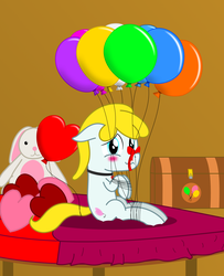 Size: 2600x3200 | Tagged: safe, artist:bladedragoon7575, oc, oc only, oc:tender heart, earth pony, pony, balloon, bedroom, blushing, bondage, chest, cute, earth pony oc, gag, heart balloon, high res, plushie, ribbon, solo, that pony sure does love balloons, tied up