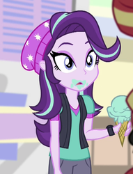 Size: 530x694 | Tagged: safe, screencap, starlight glimmer, equestria girls, equestria girls specials, g4, mirror magic, beanie, clothes, clueless, cropped, duo, female, food, hat, ice cream, open mouth, that human sure does love ice cream, that pony sure does love ice cream, vest