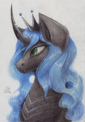 Size: 1998x2858 | Tagged: safe, artist:kimsteinandother, queen chrysalis, changeling, changeling queen, g4, bust, crown, curved horn, female, horn, jewelry, portrait, regalia, solo, traditional art