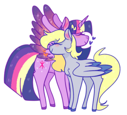 Size: 1280x1164 | Tagged: safe, artist:cubbybatdoodles, derpy hooves, twilight sparkle, alicorn, pony, g4, blushing, colored wings, duo, duo female, eyes closed, female, heart, lesbian, neck hug, ship:twerpy, shipping, simple background, spread wings, transparent background, twilight sparkle (alicorn), wings