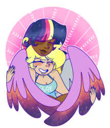 Size: 1280x1485 | Tagged: safe, artist:cubbybatdoodles, derpy hooves, twilight sparkle, alicorn, human, g4, bae, blushing, clothes, colored wings, colored wingtips, dark skin, eyes closed, female, hug, humanized, lesbian, multicolored wings, nail polish, ship:twerpy, shipping, simple background, smiling, tank top, transparent background, twilight sparkle (alicorn), winged humanization, winghug, wings