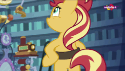 Size: 960x540 | Tagged: safe, screencap, sunset shimmer, pony, unicorn, equestria girls, equestria girls specials, g4, mirror magic, anatomically incorrect, animated, belt, bipedal, book, butt, covering, cute, female, gif, hooves on hips, in the human world for too long, incorrect leg anatomy, library, looking up, loop, mare, perfect loop, plot, portal, shimmerbetes, shy, smiling, solo, teletoon, twilight's castle, we don't normally wear clothes