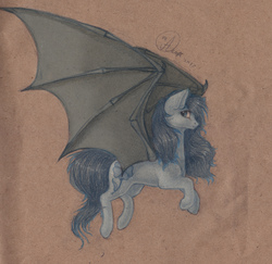 Size: 2579x2509 | Tagged: safe, artist:kimsteinandother, oc, oc only, bat pony, pony, female, flying, high res, mare, solo, traditional art