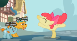 Size: 1053x568 | Tagged: safe, edit, edited screencap, screencap, apple bloom, snails, snips, pony, unicorn, g4, the cutie pox, caption, colt, looking down, male, meme, open mouth, ponyville, pose