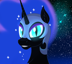 Size: 3000x2650 | Tagged: safe, artist:orangejuicerus, nightmare moon, pony, g4, ear fluff, female, glowing eyes, grin, high res, sharp teeth, smiling, solo, space, stars, teeth