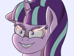 Size: 1024x768 | Tagged: safe, artist:anonbelle, starlight glimmer, pony, g4, blue background, bust, evil, evil smile, female, grin, simple background, smiling, solo