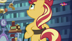 Size: 960x540 | Tagged: safe, screencap, sunset shimmer, pony, unicorn, equestria girls, equestria girls specials, g4, my little pony equestria girls: mirror magic, baneposting in the comments, bipedal, butt, female, in the human world for too long, mare, plot, solo, twilight's castle