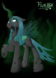 Size: 2560x3584 | Tagged: safe, artist:flutterish, queen chrysalis, changeling, changeling queen, g4, female, glowing, glowing horn, high res, horn, raised hoof, solo, tongue out, transparent wings, wings