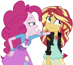 Size: 1153x1024 | Tagged: safe, edit, pinkie pie, sunset shimmer, equestria girls, equestria girls specials, g4, my little pony equestria girls: mirror magic, clothes, geode of empathy, geode of sugar bombs, glowing geodes, implying, jewelry, lidded eyes, magical geodes, mirror world, necklace, not a vector, pendant, simple background, smiling, transparent background