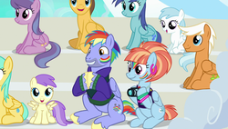 Size: 1920x1090 | Tagged: safe, screencap, alula, blue october, blueberry muffin, bow hothoof, cotton cloudy, emerald green, green gem, pluto, sunshower raindrops, velvet light, windy whistles, pegasus, pony, g4, parental glideance, 80s hair, 80s windy whistles, background pony, female, male, mare, rainbow dash's parents, stallion, unnamed character, unnamed pony