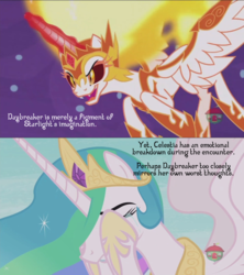 Size: 960x1080 | Tagged: safe, edit, edited screencap, screencap, daybreaker, princess celestia, alicorn, pony, a royal problem, g4, my little pony: friendship is magic, adventure in the comments, crying, eyes closed, facehoof, fire, fridge horror, glare, magic, night, nightmare, sadlestia, text, theory