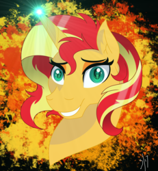 Size: 1024x1107 | Tagged: safe, artist:spiritualpresence, sunset shimmer, pony, unicorn, g4, bust, female, glowing horn, horn, looking at you, magic, mare, portrait, smiling, solo