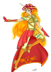 Size: 1446x2039 | Tagged: safe, artist:mdeltar, sunset shimmer, human, g4, boots, clothes, elf ears, female, fiery shimmer, fire hair, gloves, horn, horned humanization, humanized, simple background, solo