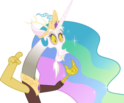 Size: 5000x4173 | Tagged: safe, artist:stjonal, discord, princess celestia, dungeons and discords, g4, .svg available, absurd resolution, crown, discord's celestia face, female, jewelry, pointing, regalia, simple background, solo, transparent background, vector