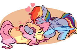 Size: 1024x677 | Tagged: safe, artist:milky-rabbit, fluttershy, rainbow dash, pegasus, pony, g4, female, heart, heart eyes, lesbian, prone, ship:flutterdash, shipping, sleeping, snuggling, unshorn fetlocks, wingding eyes, zzz