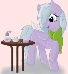 Size: 750x824 | Tagged: safe, artist:zephyr!, oc, oc only, oc:lilac breeze, pegasus, pony, blushing, clothes, hair over one eye, lilac (flower), mortar and pestle, perfume, pink background, raised hoof, scarf, simple background, solo, trotting