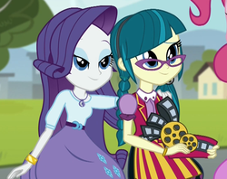 Size: 1083x859 | Tagged: safe, screencap, juniper montage, pinkie pie, rarity, equestria girls, equestria girls specials, g4, my little pony equestria girls: mirror magic, bedroom eyes, braid, clothes, cropped, cute, female, geode of shielding, glasses, hat, junibetes, magical geodes, skirt